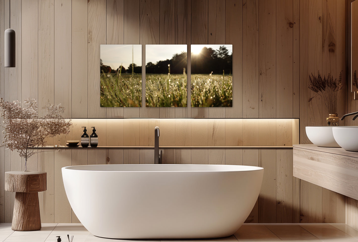 Soft Meadow Rain Triptych – Metal Wall Art