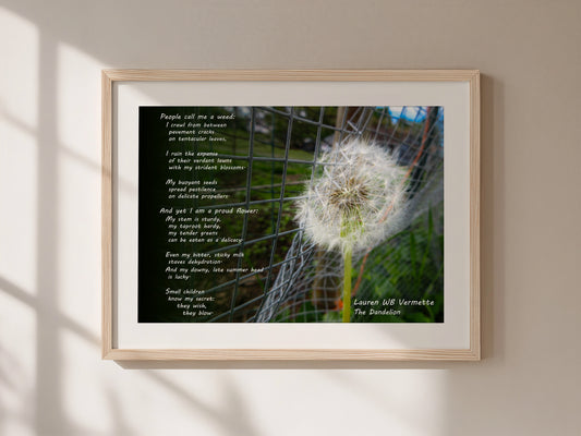 Framed artwork with a dandelion and text on a neutral background