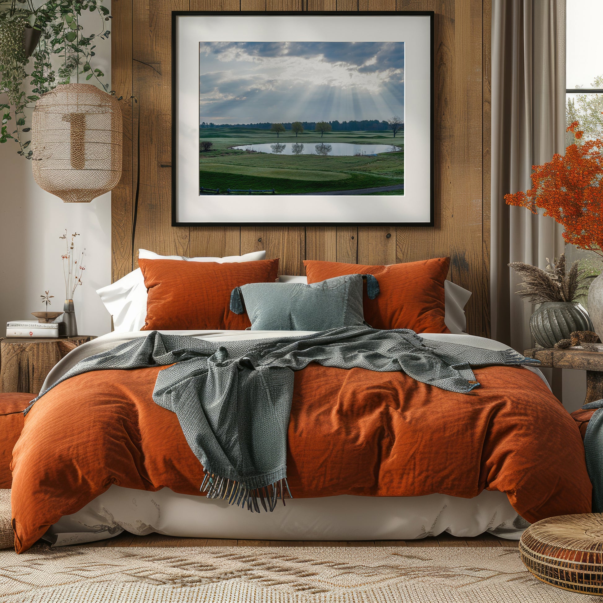 Bedroom with orange bedding and a framed landscape picture on the wall.