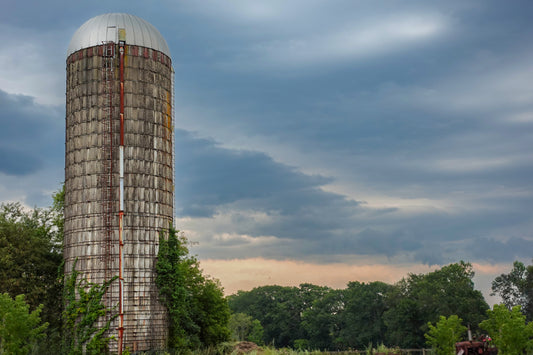 Rustic silo against a cloudy sky with trees in the foreground