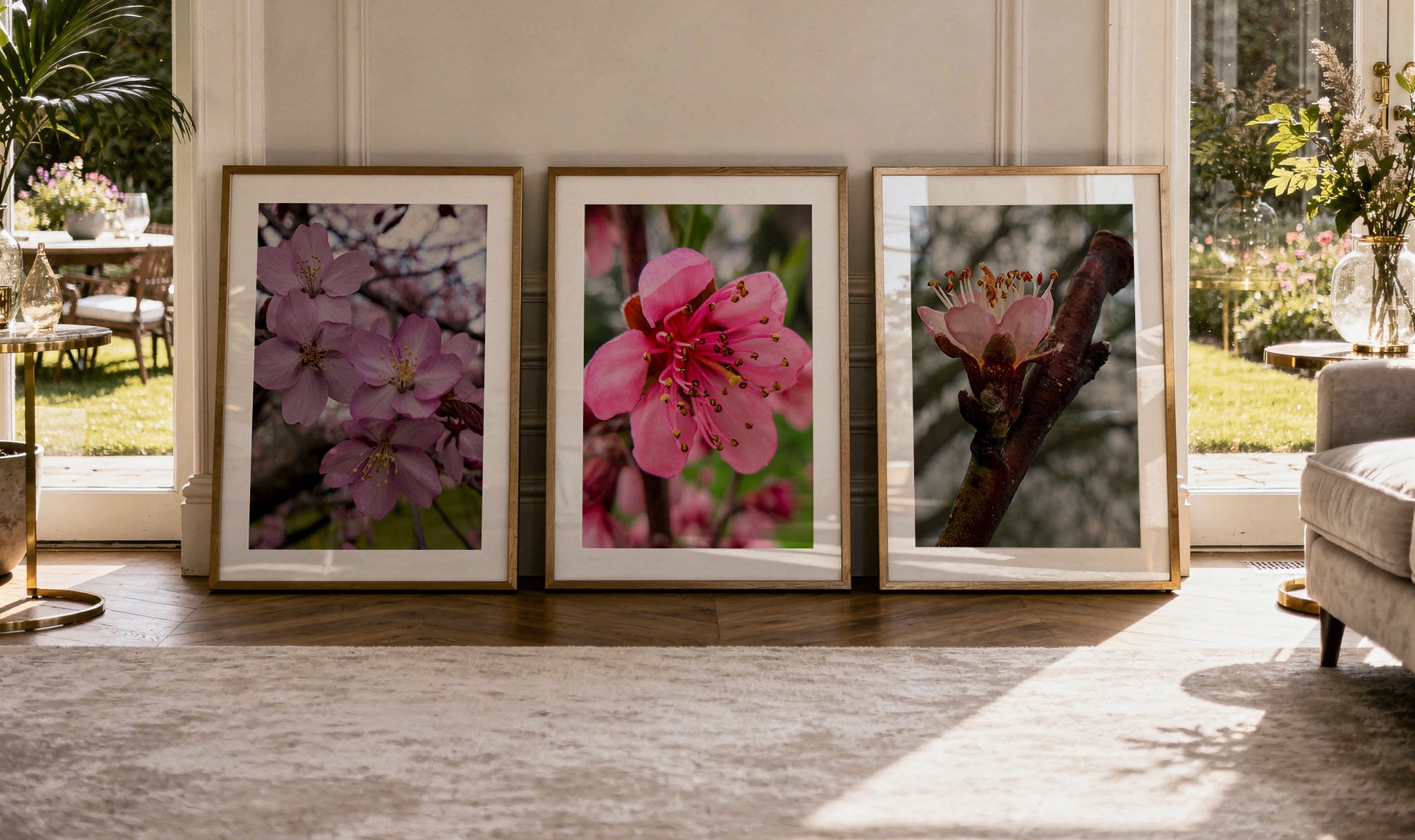 Three framed floral prints on a wall in a living room.