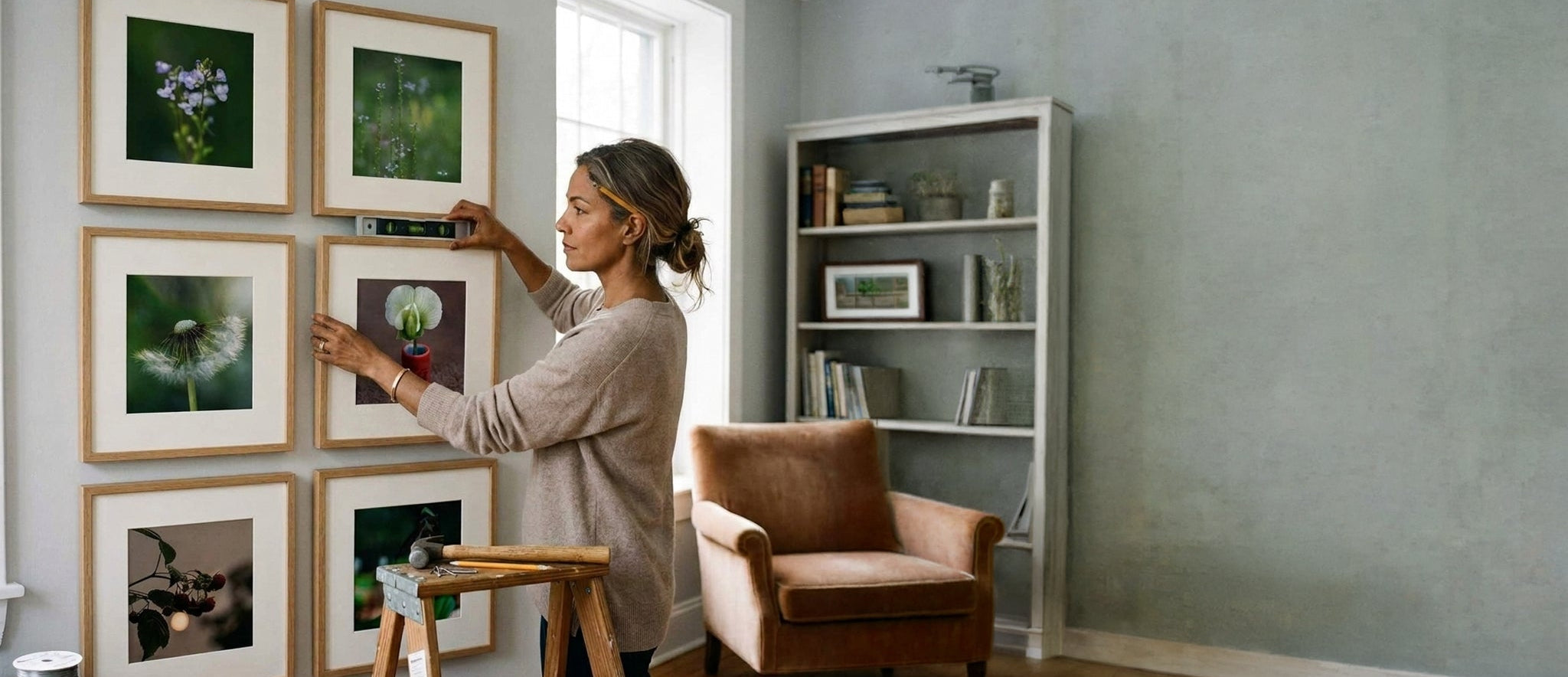 A woman hangs framed botanical art prints on a gallery wall in a styled home office or living room setting with a bookshelf, armchair, and wood floors.