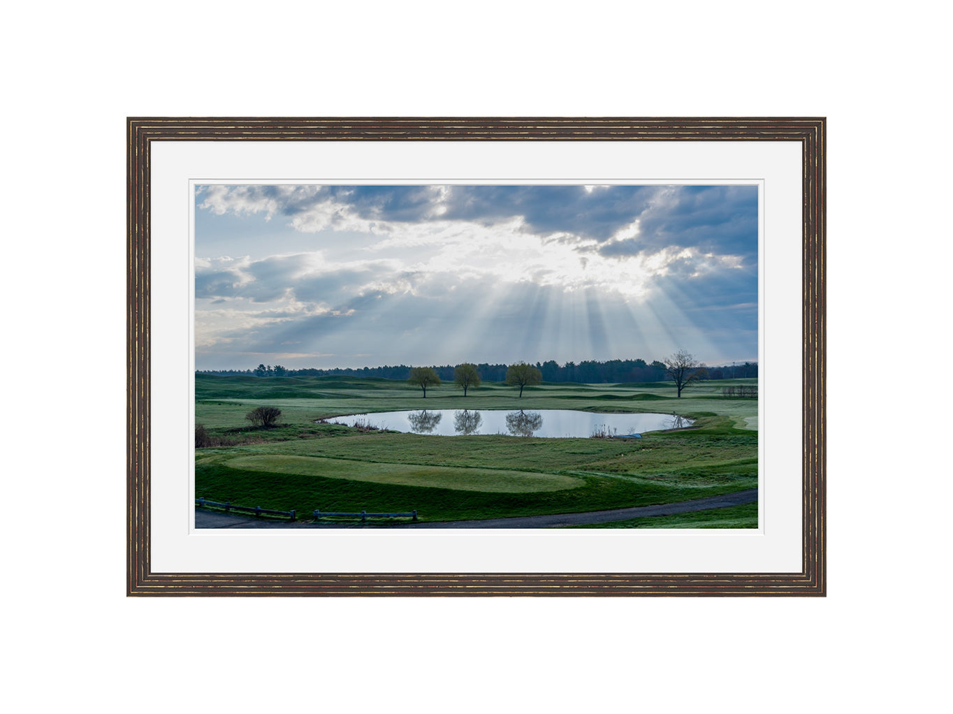 Framed picture of a landscape with a lake and trees under a cloudy sky.