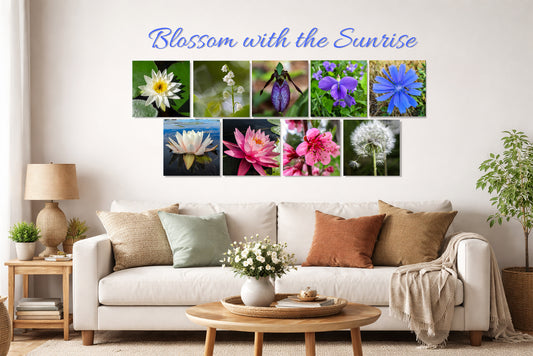 Living room with a sofa, coffee table, and wall art displaying various flowers with the text 'Blossom with the Sunrise'.